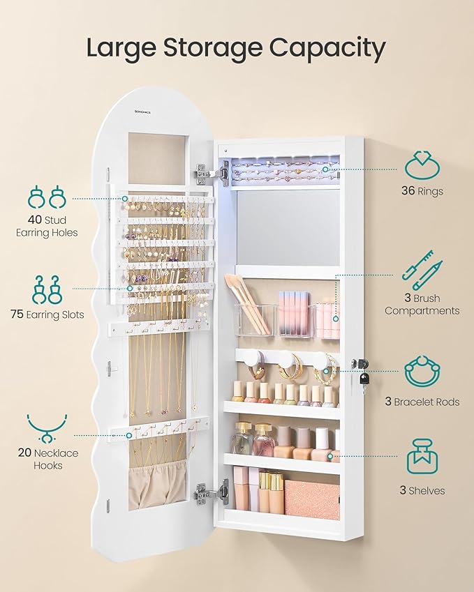 SONGMICS Mirror Jewelry Cabinet Wall Mounted Over the Door, Hanging LED Jewelry Organizer, Lockable Wavy Wide Mirror with Storage, Interior Lights, 3.9 x 16.5 x 42.5 Inches, White UJJC031W01