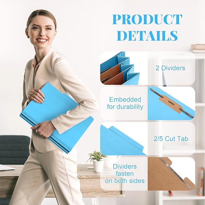 Skyygemm 24 Pcs Classification Folders Letter Size Bulk - 2 Dividers Pressboard File Folder with 3. 5 Inch Expansion, 2 Prongs Fastener, Heavy Duty Office File Organizer for Teacher Medical (Blue)