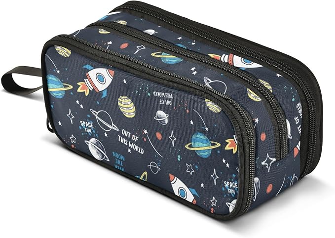 Space Rocket Planet Pencil Case Box Boys Girls Large Pencil Pouch with Zipper Compartments Big Capacity Stationery Pen Bag Organizer for Kids Teens Adults School Office
