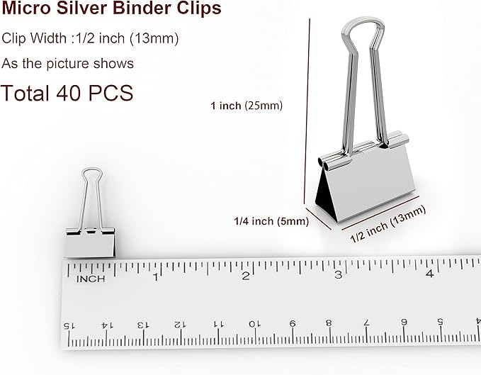 nctinystore Micro Silver Binder Clips Micro Metal Clamp 1/2 inch Width (Silver, 40 PCS) Micro Size (Clip Horizontal Width 1/2inch)