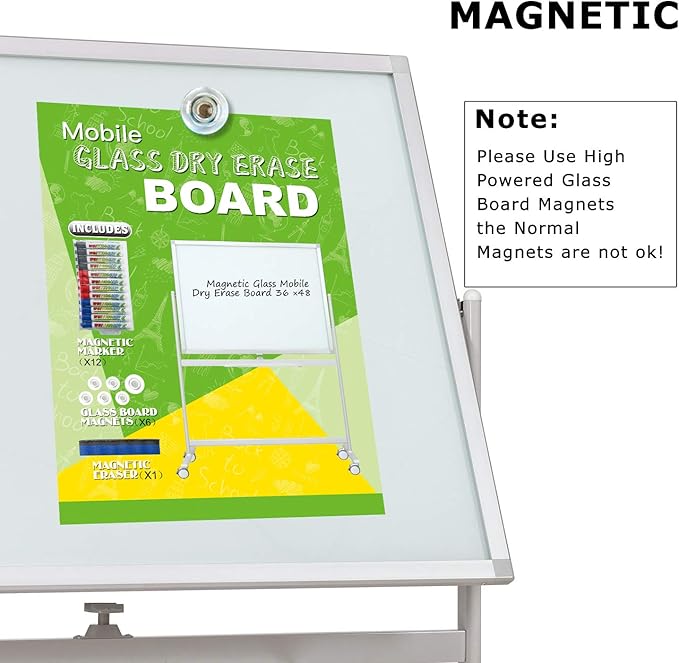 Mobile Glass Whiteboard, Magnetic Double-Sided Easel Style Glass Dry Erase White Board with Wheels - 48 x 36 Large Rolling Board Planner with Stand for Office, Classroom, School, Home.
