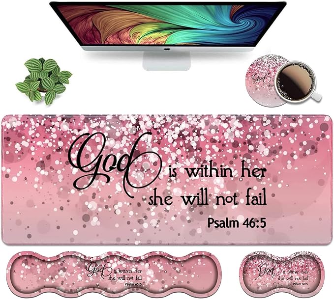 Ergonomic Keyboard Wrist Rest & Mouse Pad Wrist Rest Set,Large XXL Gaming Desk Mat 31.5"x 11.8",Memory Foam, Easy Typing Pain Relief,Multifunctional Desk Mat for Office & Home,Bible Verses Psalm 46:5