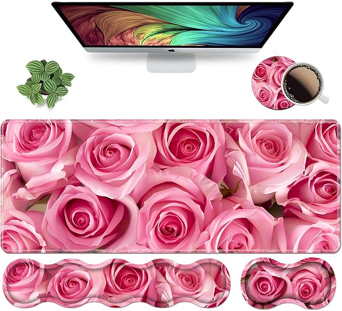 Ergonomic Keyboard Wrist Rest and Mouse Pad Wrist Rest Set, Large XXL Gaming Mousepad 31.5"x 11.8", Memory Foam, Easy Typing Pain Relief, Multifunctional Desk Mat for Office & Home, Pink Roses