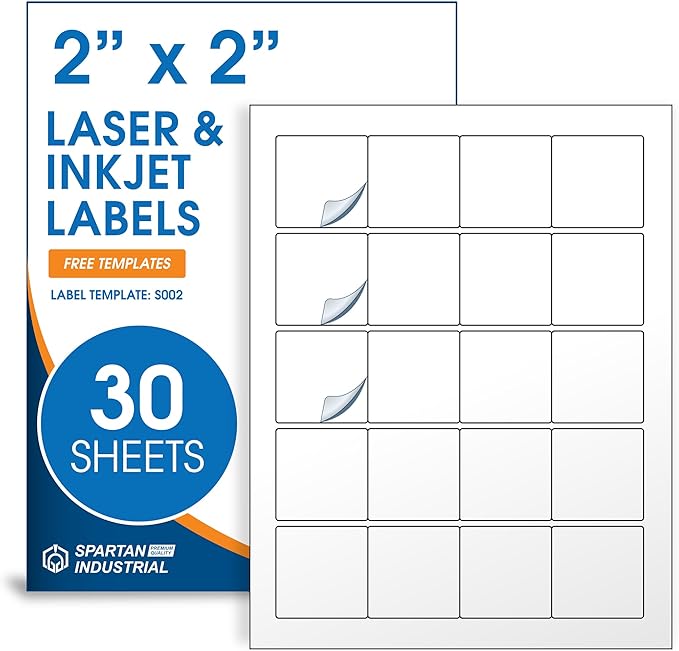 2" X 2" Square Printable Labels for Inkjet and Laser Printers - 30 Sheets, 600 Matte White Custom Stickers for Business Logos, QR Code Stickers, Product Labeling - Spartan Industrial Template S002