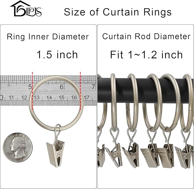 LLPJS 20 Pack Metal Curtain Rings with Clips, Curtain Clip Rings Hooks for Hanging Drapery Drapes Bows, Curtain Rod Rings 1.5 inch Interior Diameter, Matte Silver