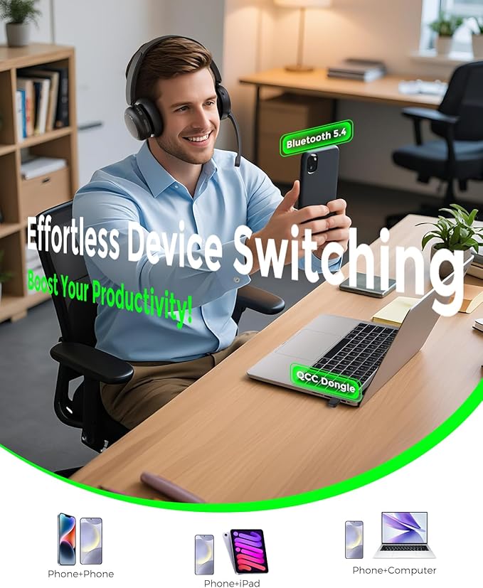 Bluetooth Headset, Wireless Headset with Mic for Work, Qualcomm Chipeset Dongle, V5.4 Headsets with Microphone for Work, Wireless Noise Cancelling Headphones Busy/Mute Light for PC Computer Office WFH