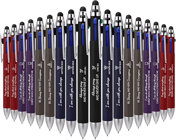 Yexiya 100 Pack 4 Color Retractable Pens Multicolor Ballpoint Pens Bulk 2 in 1 Stylus for Touch Screens Office Nurses Teachers Work Party Favors Gift (Bible Verse)
