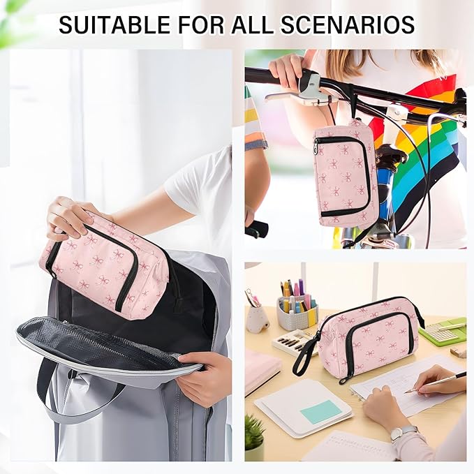 Ribbon Bow Pink Pencil Case Pouch Big Capacity Pencil Bag Box Organizer Pen Case with Compartmens Stationery Organizer for Girls School College
