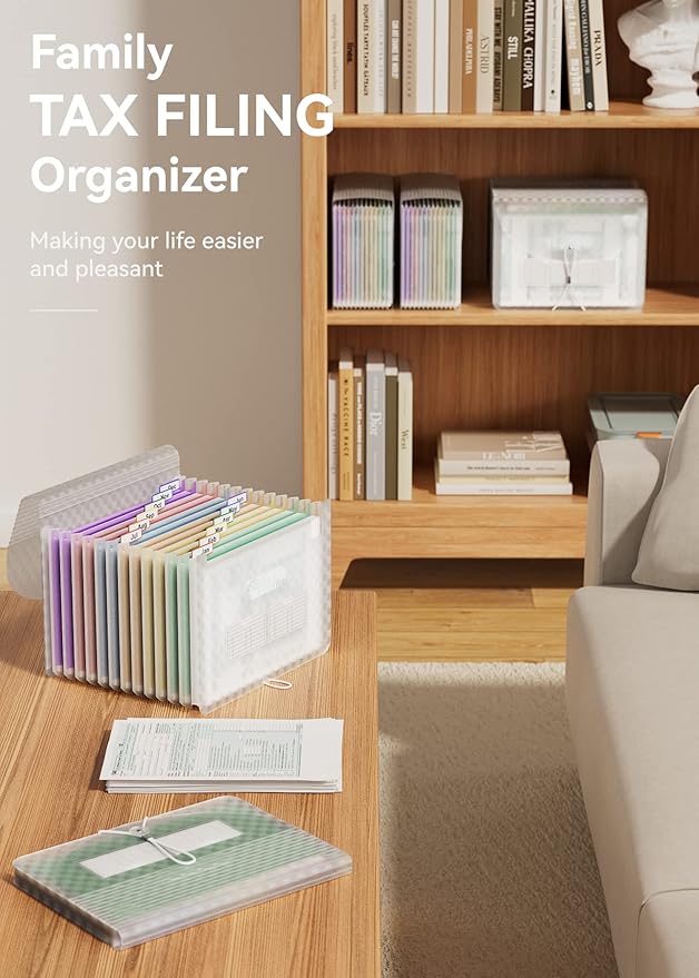 ABC life 12 Pockets Accordion File Organizer Expanding File Folders, Portable Monthly Bill Receipt Document Organiser, Expandable Accordian Filing Folder Letter A4 Size, Colored Tabs (Green)