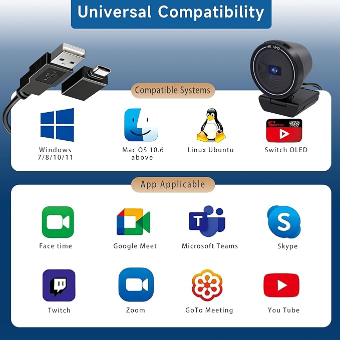 Combess 4K Webcam with Speaker & Microphone - 85° Wide Angle Web Camera for PC/Desktop, Auto Focus, Dual Noise Cancelling Mics, Privacy Cover, USB Plug-and-Play