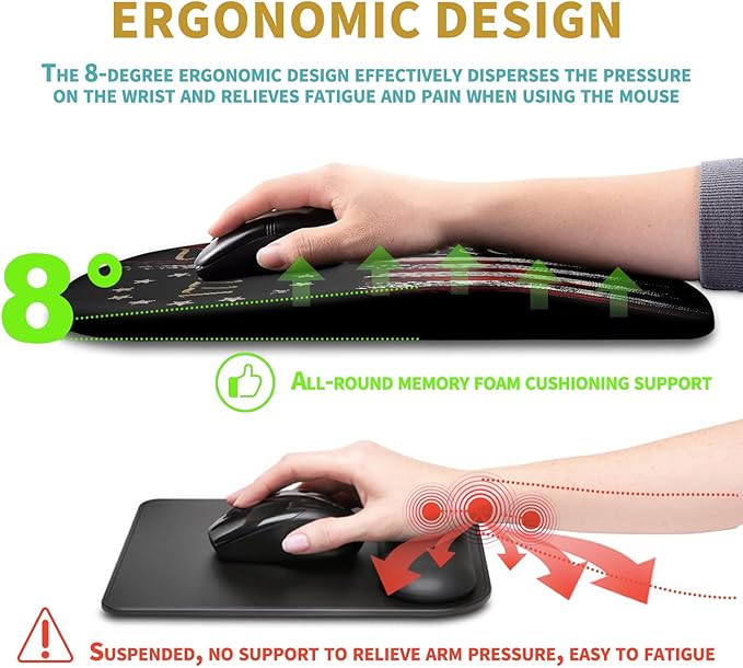 Hokafenle Ergonomic Mouse Pad Wrist Support with Massage Design, Wrist Rest Pain Relief Mousepad with Memory Foam&Non-Slip PU Base, Mouse Pads for Wireless Mouse & Desk (12x8 inch,Flag)