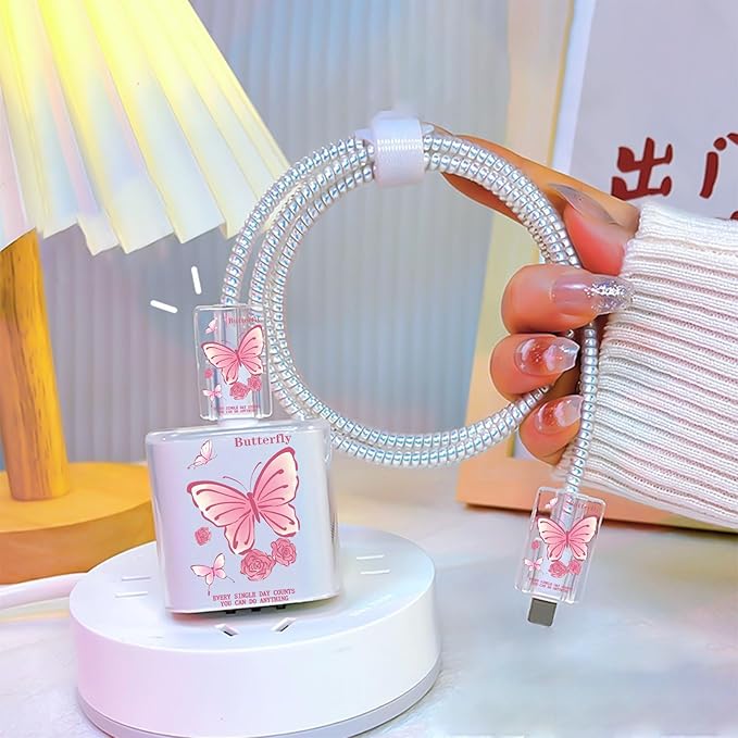 Lovely DIY Cable Protector for iPhone 18W/20W Adapter Charger, Cute Pink Butterfly Design Transparent Data Line Cable Saver Phone Charging Protector for Apple Charger Case