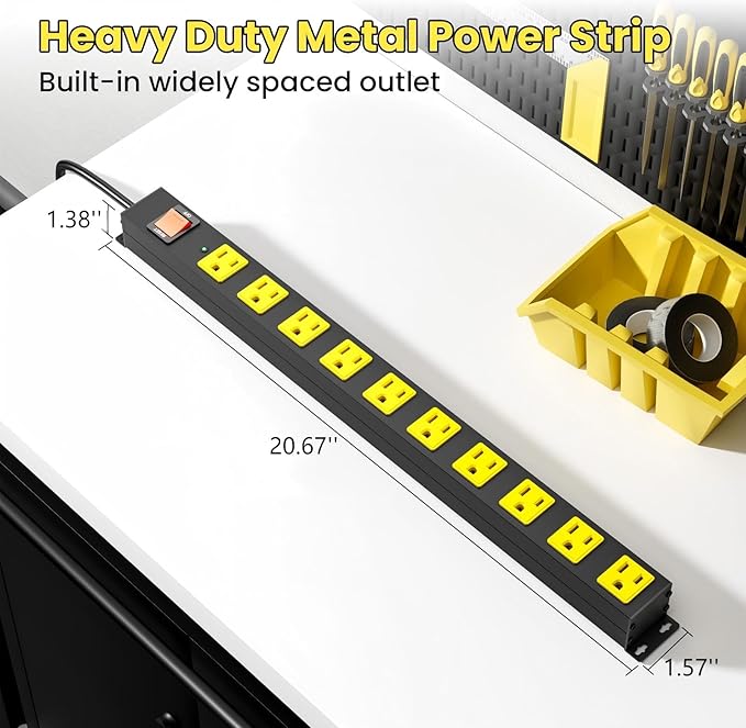 10 Outlet Metal Power Strip with 2100J Surge Protector, Heavy Duty 15FT Extension Cord, Wide Spaced Outlets and Wall Mount for Garage, Workshop, Industrial, Home (15ft)