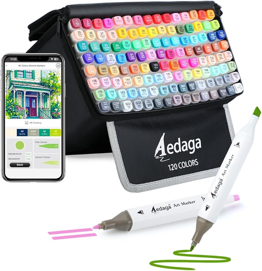 120 Colors Alcohol Markers with Free App, Dual Tip Art Marker with Kickstand Case for Artists Adults. Alcohol Based Markers for Coloring Painting Sketching and Drawing, Great Gift