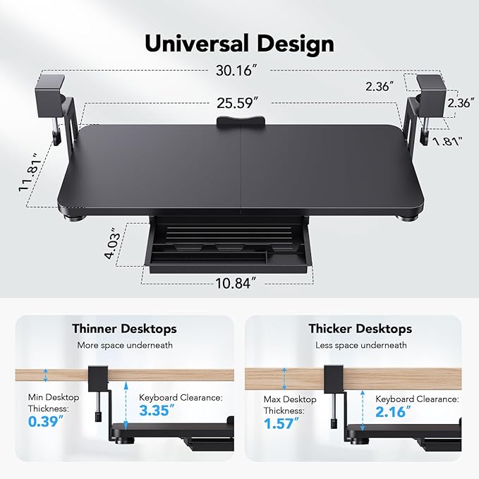HUANUO Large Under Desk Keyboard Tray with Sturdy C-Clamp Mount, 26 (30.16" Including Clamps) x 12 inch Slide-Out Platform Computer Desk Heavy Duty Keyboard Tray with Storage Drawer for Typing, Black