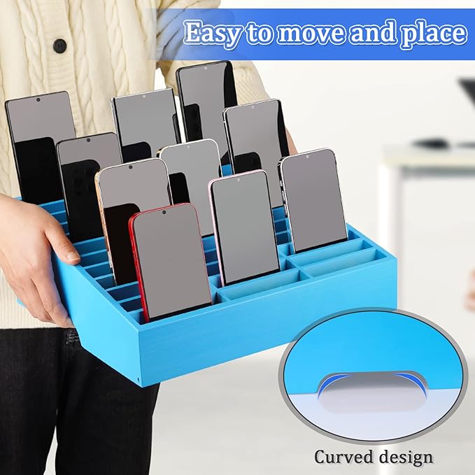 36-Grid Wooden Cell Phone Holder Desktop Organizer Storage Box for Classroom Office (Blue 36-Grid)