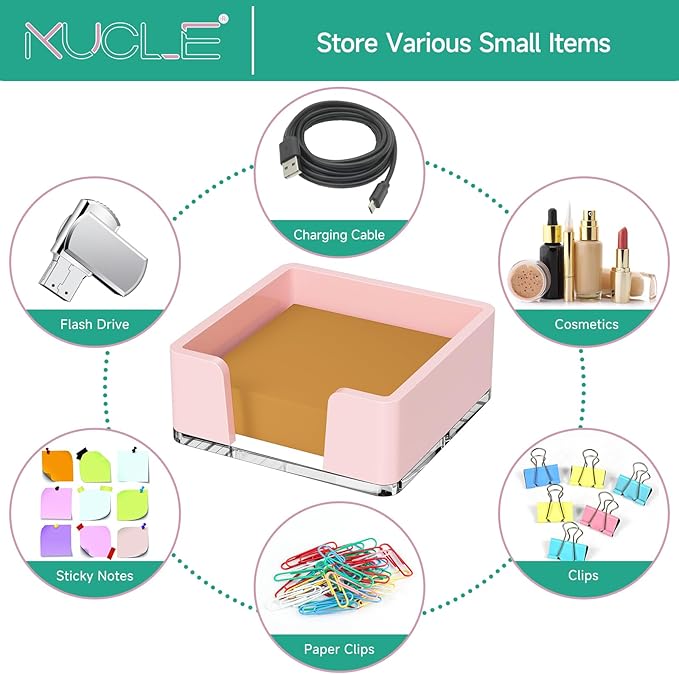 Sticky Note Holder, Pink Acrylic Notepad Holder 3x3 in Self-Stick Note Dispenser Office Desk Accessories, Memo Pad Holder Organizer for Classroom School Supplies