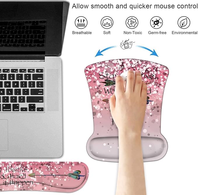 Keyboard Wrist Rest and Mouse Pad Wrist Support Set with Coasters, Inspirational Quote Stay Positive Work Hard and Make It Happen Wrist Mouse Pad with Non-Slip PU Base for Home Office Working Studying