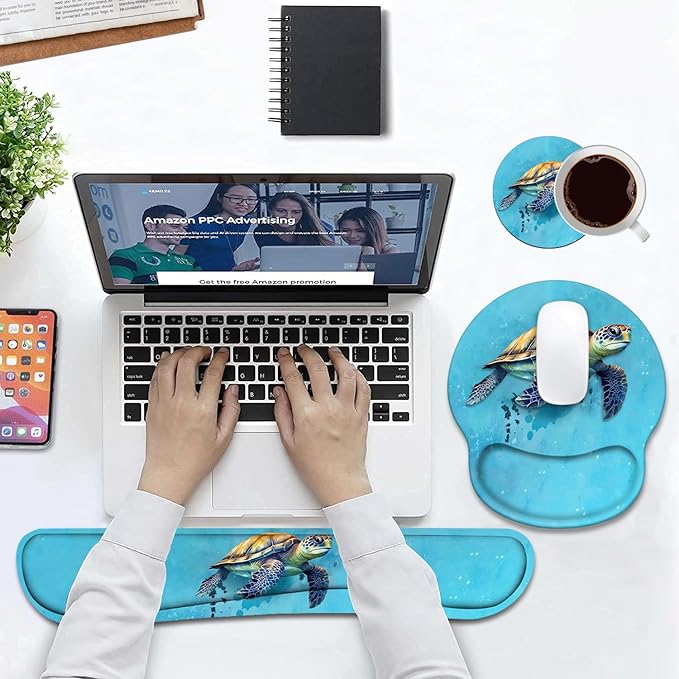 Keyboard Wrist Rest and Mouse Pad Wrist Support Set with Coasters, Non-Slip PU Base Ergonomic Gaming Mousepad for Home Office Working Studying Easy Typing & Pain Relief - Sea Turtle