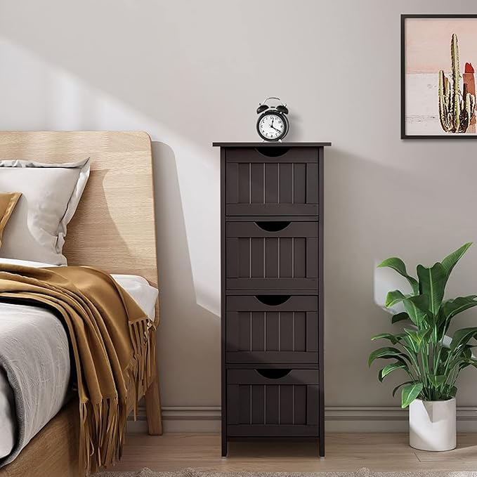 VINGLI Espresso Bathroom Storage Cabinet with 4 Drawers Wooden Freestanding Slim Bathroom Floor Cabinet Small Side Organizer Storage Unit for Restroom Livng Room Kitchen Office Hallway Entryway