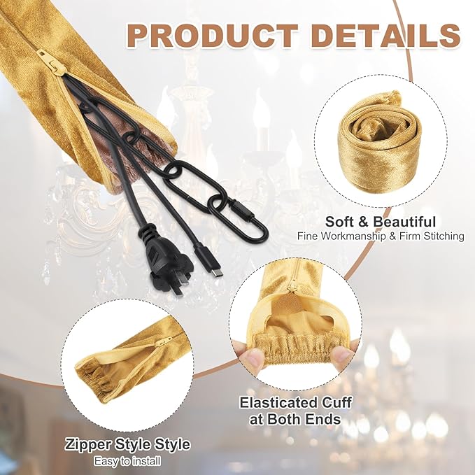 PATIKIL 2.6ft Chandelier Chain Cord Cover, 2 Pcs Velvet Cloth Fabric Chain Sleeve Decorative Cord Covers for Chandelier Wires Swing Cable, Zipper Style, Gold
