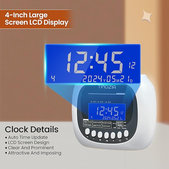 Time Clock for Employees Small Business, 6 U.S. Time Zones, Automatic Daylight Saving & Auto Time Update, Punch Card Time Recorder with 6 Punches Per Day-100 Time Cards, 2 Ribbons, 1 Card Rack