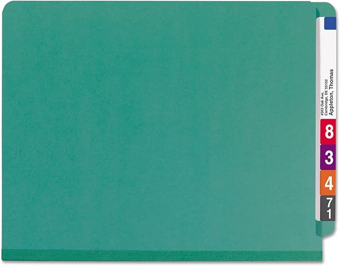 Smead 100% Recycled End Tab Pressboard Classification File Folder with SafeSHIELD Fasteners, 2 Dividers, 2" Expansion, Letter Size, Green, 10 per Box (26785)