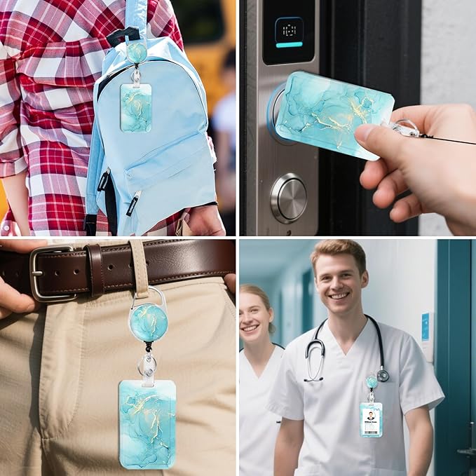 2 Pack Marble ID Badge Holder with Heavy Duty Retractable Reel Keychain for WomenStudents,Teachers, Nurses, Office Use 2