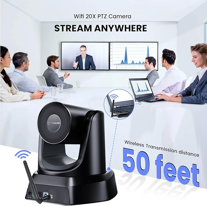 TONGVEO Wireless Conference Room Webcam, Church Live Streaming 20X USB 1080P 60fps PTZ Camera for Worship Services Online Conference, Works with Zoom, Skype OBS Easy to Set Up
