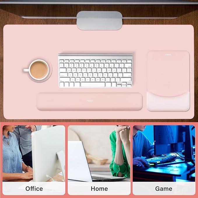 MOSISO Keyboard Mouse Pad Set, Large Gaming Mouse Pad&Rectangular Keyboard Wrist Rest&Mousepad with Wrist Rest&Coaster, Ergonomic Non-Slip&Easy Typing Pad with Curved Silicone Lining, Baby Pink
