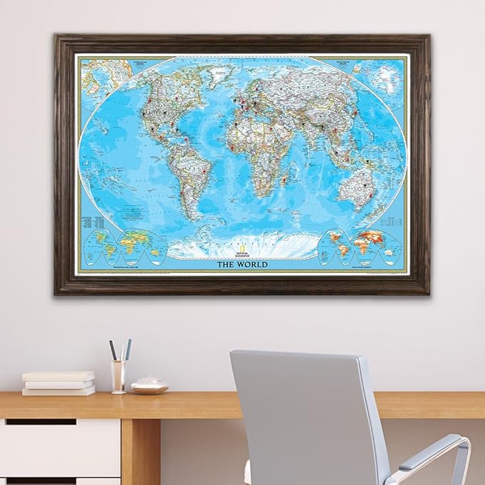 Push Pin Travel - Classic World, Solid Wood Brown with 150 Pins for Tracking Your Travels - 27.5" x 39.5" - 8 Handcrafted Options - Made in USA - Ideal for Any Traveler