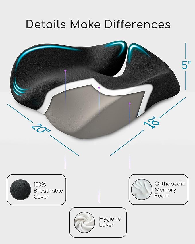 X Large Seat Cushions for Office Chairs, Car & Truck. Gaming Chair Seat Cushion and Sciatica Pain Relief Pillow for Back Pain. Orthopedic Coccyx Cushion for Tailbone Pain Relief (Original Black)