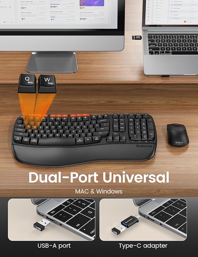 Ergonomic Wireless Keyboard and Mouse Combo, 2.4G Full Size Wave Key Board with Cushioned Palm Rest, Natural Typing, 3 DPI Adjustable Mouse, USB-A & C for Computer/Laptop/Mac/Tablet – Sablute
