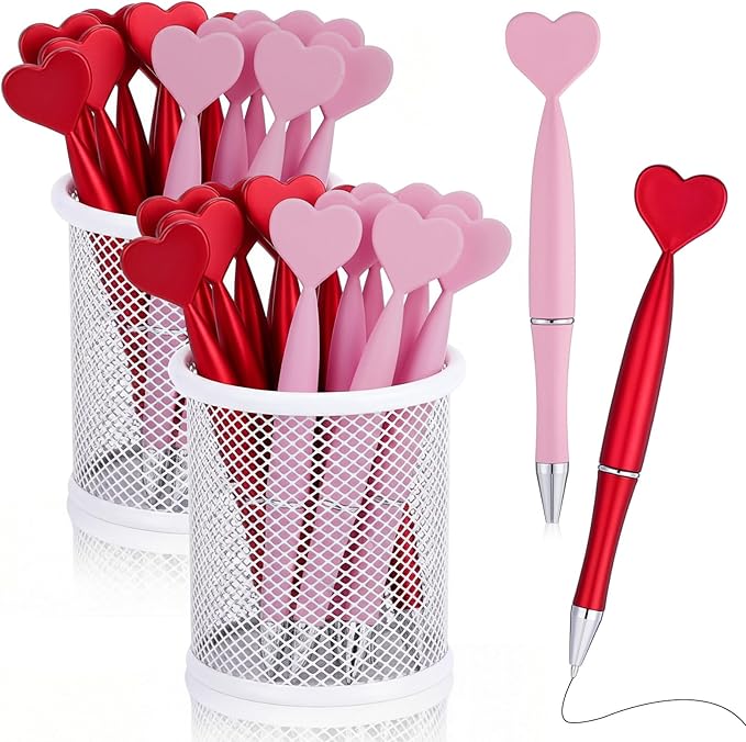 Crtiin 50 Pcs Valentine's Day Heart Shaped Pens Bulk Black Gel Ink Novelty Valentine Party Favor 1.0 mm Heart Ballpoint Pens for Men Women Office Valentine's Day Wedding Party Supply (Red Pink)