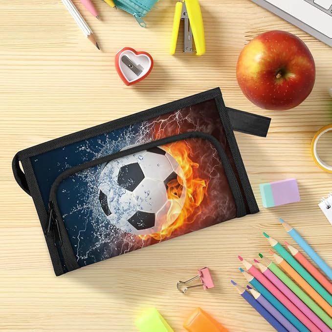 Pardick Large Capacity Pencil Case Pouch, Water Fire Soccer Portable Zipper Pencil Cases Pencil Bag Office Stationery Bag Makeup Bag Desk Organizer for Women Men
