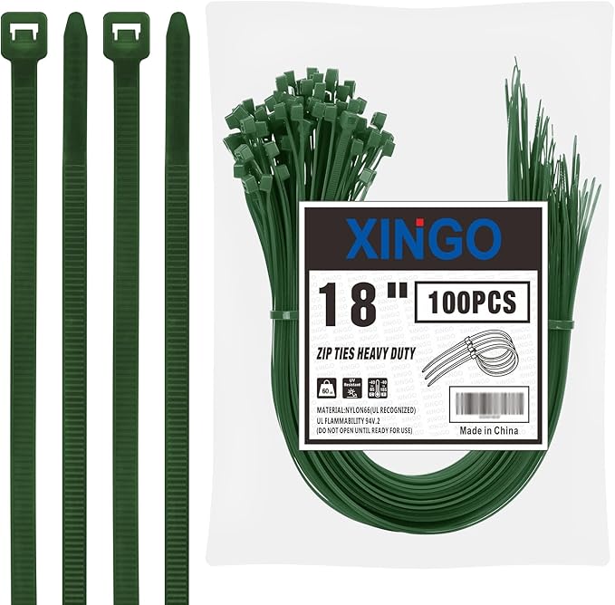 XINGO 18 inch Garden Green Zip Ties Heavy Duty (100 Pack), 60lb Tensile Strength, UV Resistant Cable Ties for indoor and outdoor use