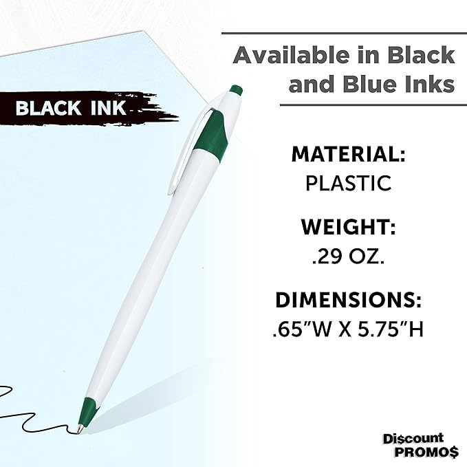 DISCOUNT PROMOS Slim Curvy Ballpoint Pens Set of 10, Bulk Pack - Black Ink, Retractable, Great for Office, School, Tradeshows - Green