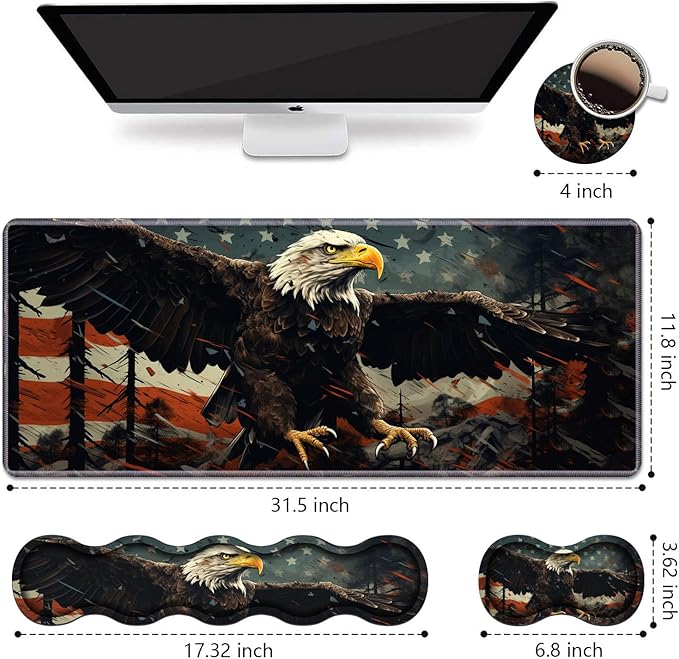 Ergonomic Keyboard Wrist Rest & Mouse Pad Wrist Rest Set,Large XXL Gaming Desk Mat 31.5"x 11.8",Non-Slip Base, Memory Foam,Easy Typing Pain Relief for Office & Home,Patriotic American Flag Bald Eagle