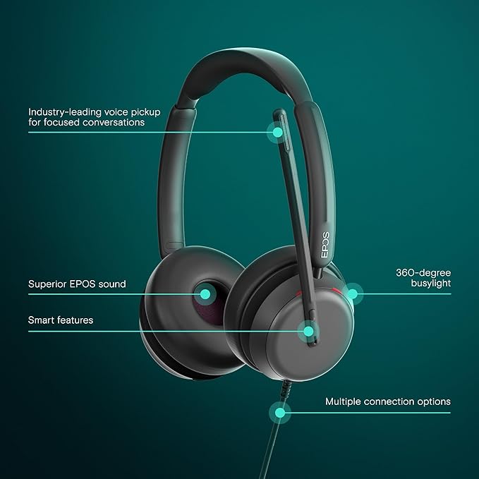EPOS Impact 860 ANC Double-Sided Wired Headset with Active Noise Cancellation, USB C and USB A, Super Wideband, Lightweight, Comfortable Fit, Microsoft Teams & Zoom Compatible for Office & Remote Work