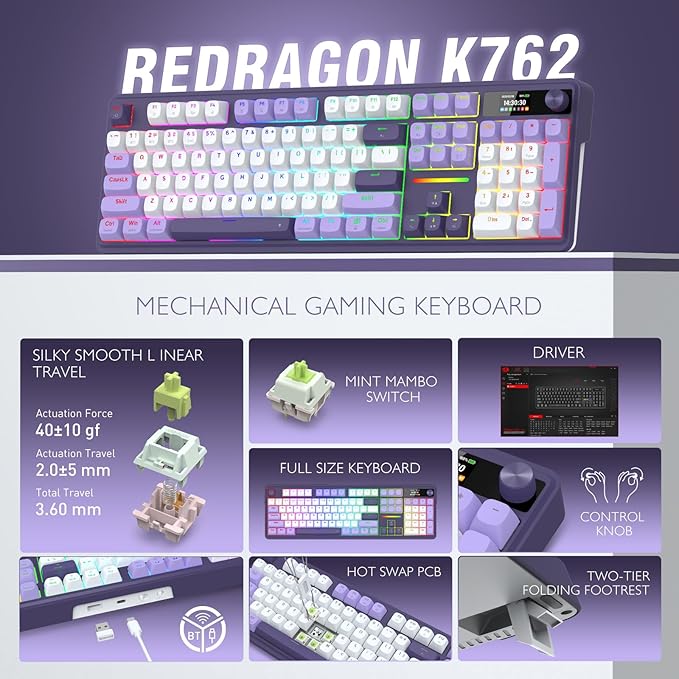 Redragon K762 Wireless Gasket Gaming Keyboard w/Hype Screen & Knob, 104 Keys Mechanical Keyboard, Easy-Control 1.14’’ TFT Info Display, 5-Layer Noise Dampening, Round PBT Keycaps, Mint Mambo Switch