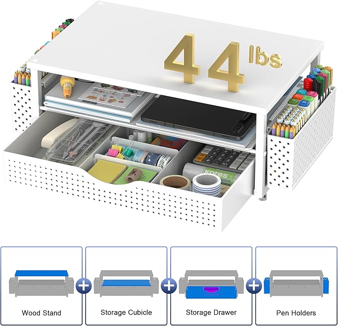 Spacrea Desk Organizer and Accessories, Computer Monitor Stand Riser with Drawer and 2 Pen Holders, Office Desk Accessories & Workspace Organizers for Office Supplies (White)
