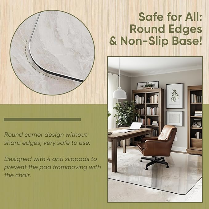 Furnbar Office Chair Mat for Carpet & Hardwood, Upgraded 45" x 60" Tempered Glass Chair Mat for Office Home, with 4 Anti-Slip Pads