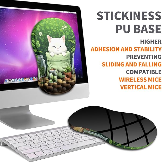 Ergonomic Joint Wrist Support Mouse Pad with Memory Foam Cushion Massage Bump, Carpal Tunnel Pain Relief Mousepad Slope Design for Wrist Rest, 11.8x7.9 in, Cute Kitten