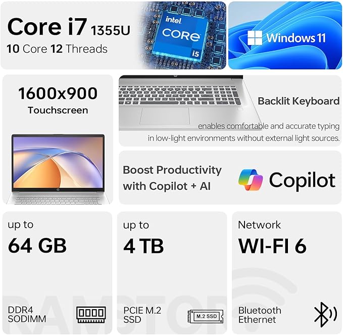 HP 17 Laptop, 17.3" HD+ Touchscreen, Intel Core i7-1255U Processor, 64GB RAM, 1TB SSD, Webcam, HDMI, Wi-Fi, Windows 11 Home, Silver