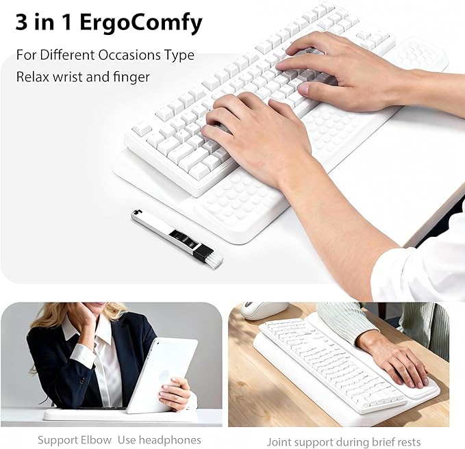 Wrist Rest for Keyboard, Ergonomic Keyboard Stand with Wrist Rest, Soft Memory Foam Wrist pad with Non-Slip Base & Dust Brush, Comfort for Office, Work, Gaming- White