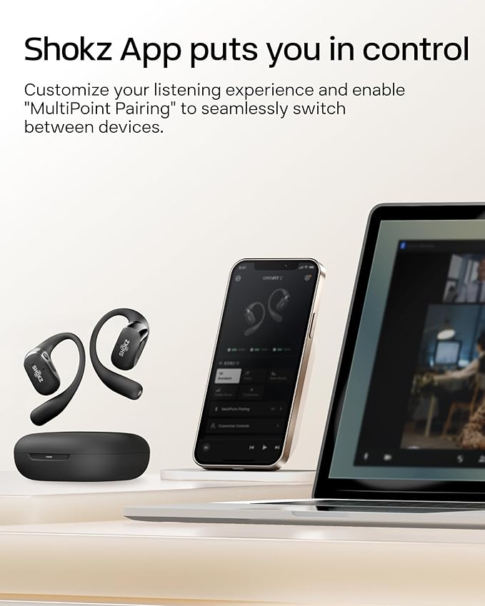 SHOKZ OpenFit 2 Open-Ear Headphones,True Wireless Bluetooth Earphones with Microphone,Earhook Earbuds with 48 Hours of Playtime,Fast Charging,IP55 Water-Resistant,with Carrying Bag,Black,Bluetooth5.4