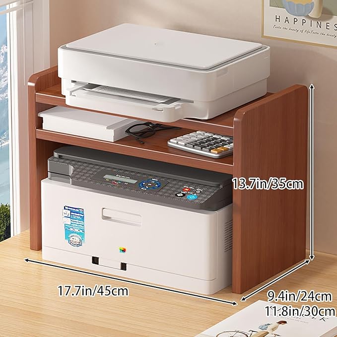 Desktop Storage Rack, Wooden Printer Stand with Compact Under Desk Shelf for Home Office Organization(Teak Color,17.7 * 9.4 * 13.7in)