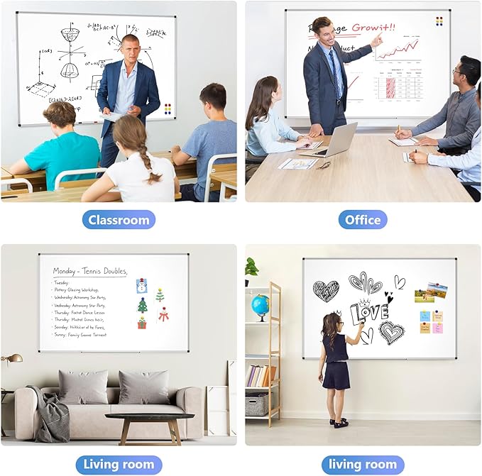 Magnetic Dry Erase Whiteboard - 40 x 60 Inch White Board - Large Wall-Mounted Board with Silver Aluminum Frame, 1 Magnetic Eraser, 2 Pens, Detachable Marker Tray, 6 Magnets
