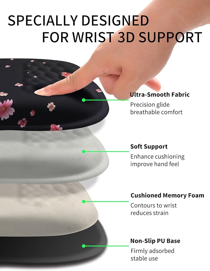 Hokafenle Ergonomic Wrist-Hugging Mouse Pad Wrist Support, U-Shaped Holding Wrist Rest Mousepad for Carpal Tunnel Pain Relief with Cushioned Memory Foam Slope Massage Bulge (10.2x8.3 in,Fall Flower)