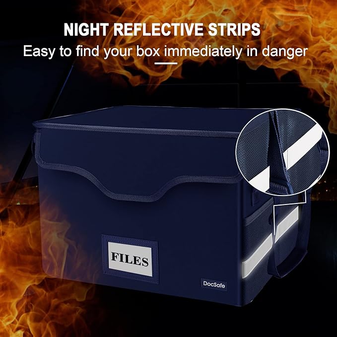 DocSafe Fireproof Document Box with Lock, File Storage Organizer with Mesh Pockets, Collapsible Portable File Box Home Office Safe Filing Cabinet with Handle for Hanging Letter/Legal Folder, Blue
